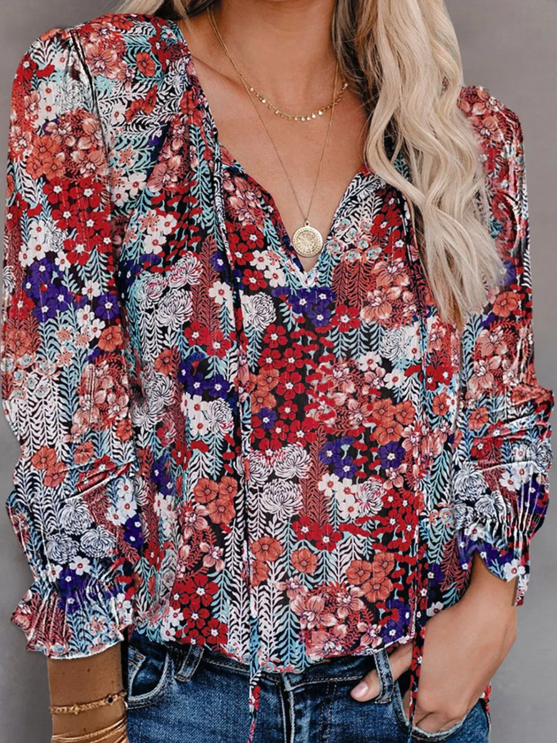 Printed Tie Neck Long Sleeve Blouse sold by Charming Charlie