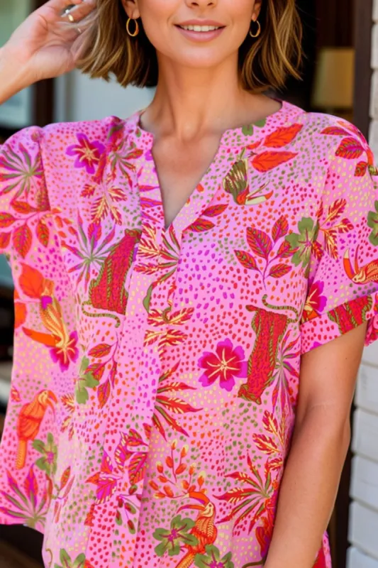 Printed Notched Short Sleeve Top sold by Charming Charlie