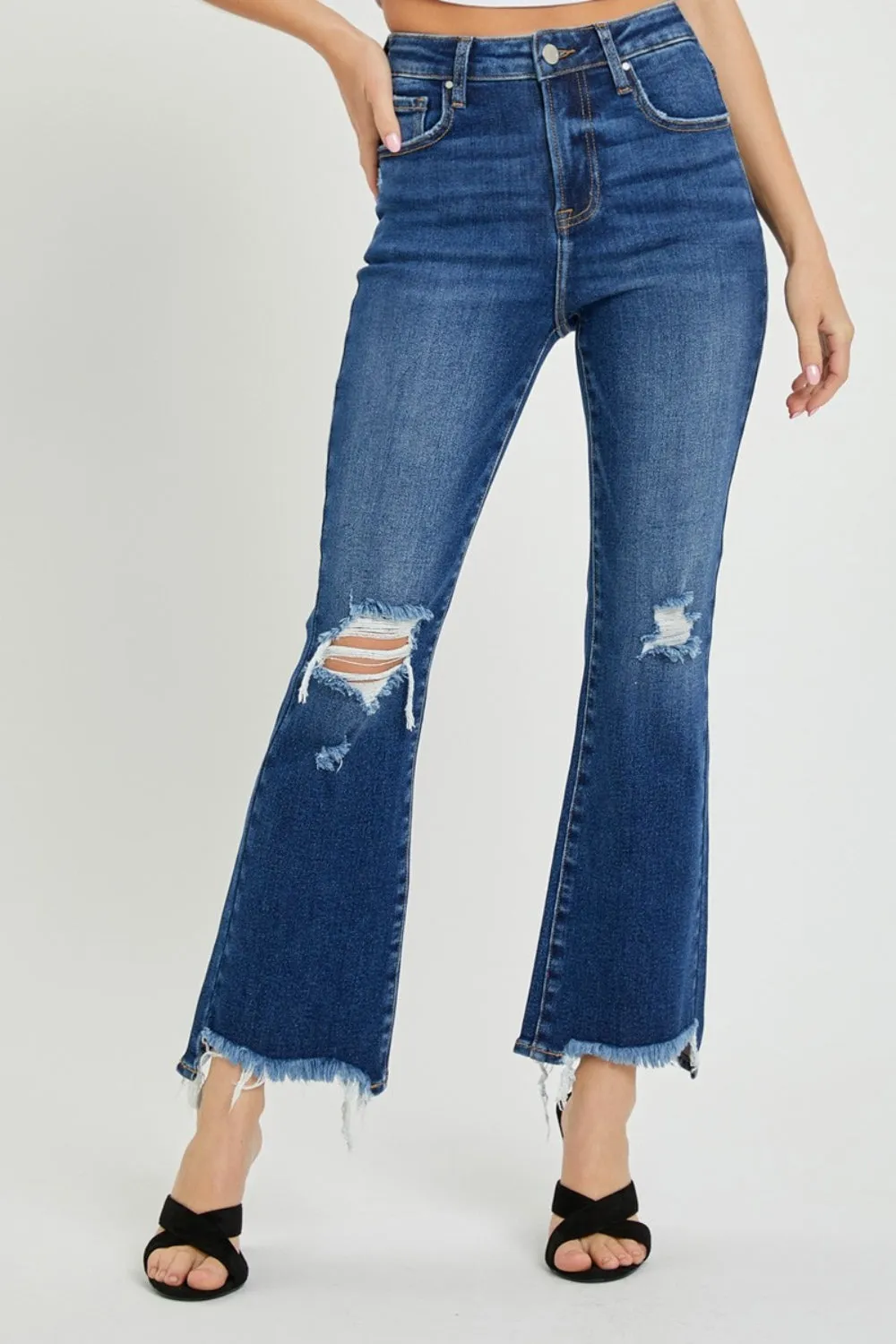 RISEN High Rise Distressed Crop Flare Jeans sold by Charming Charlie
