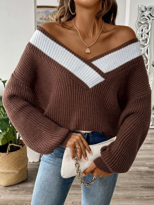 Contrast Dropped Shoulder Long Sleeve Sweater sold by Charming Charlie