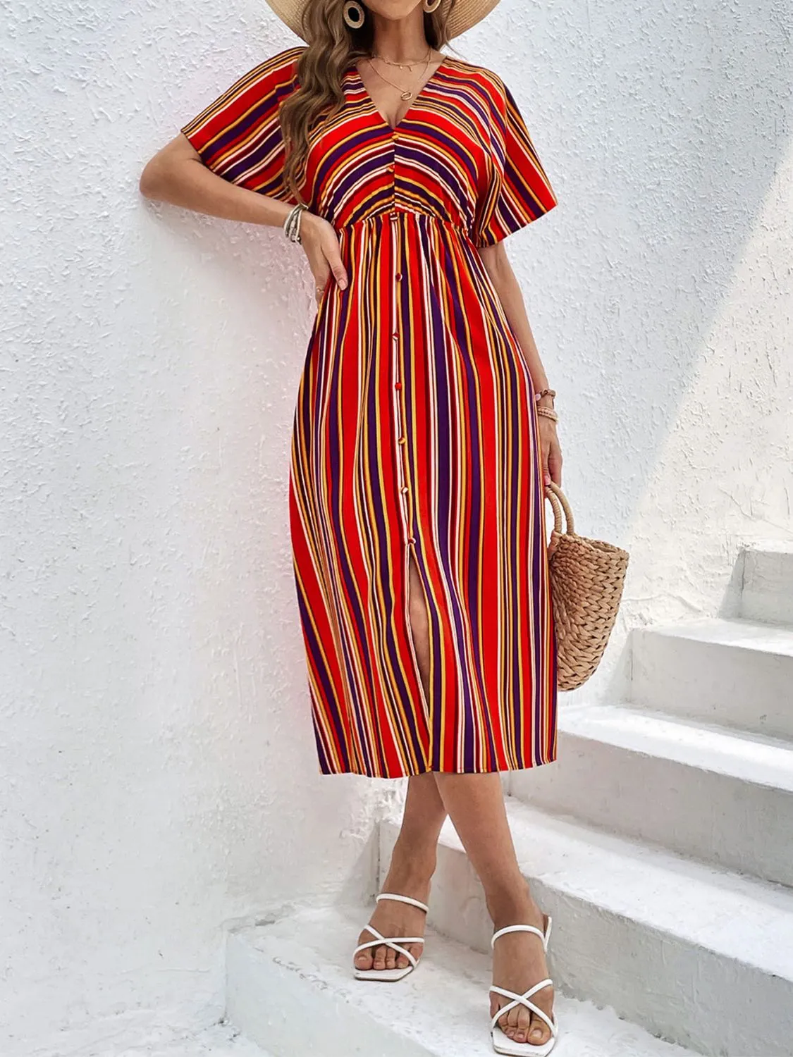 Slit Striped V-Neck Short Sleeve Midi Dress sold by Charming Charlie product image thumbnail 4