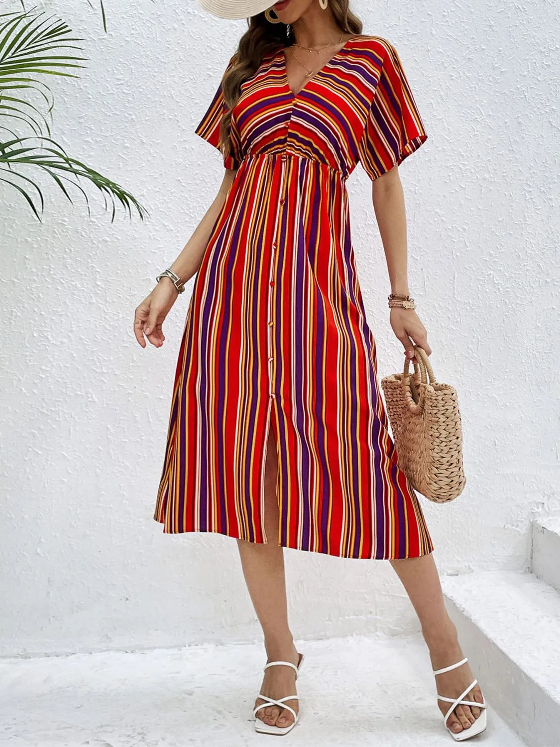 Slit Striped V-Neck Short Sleeve Midi Dress sold by Charming Charlie