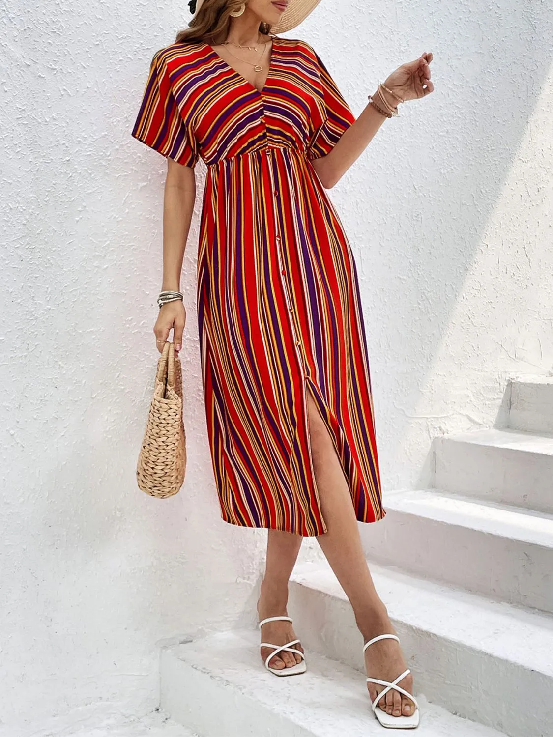 Slit Striped V-Neck Short Sleeve Midi Dress sold by Charming Charlie product image thumbnail 5