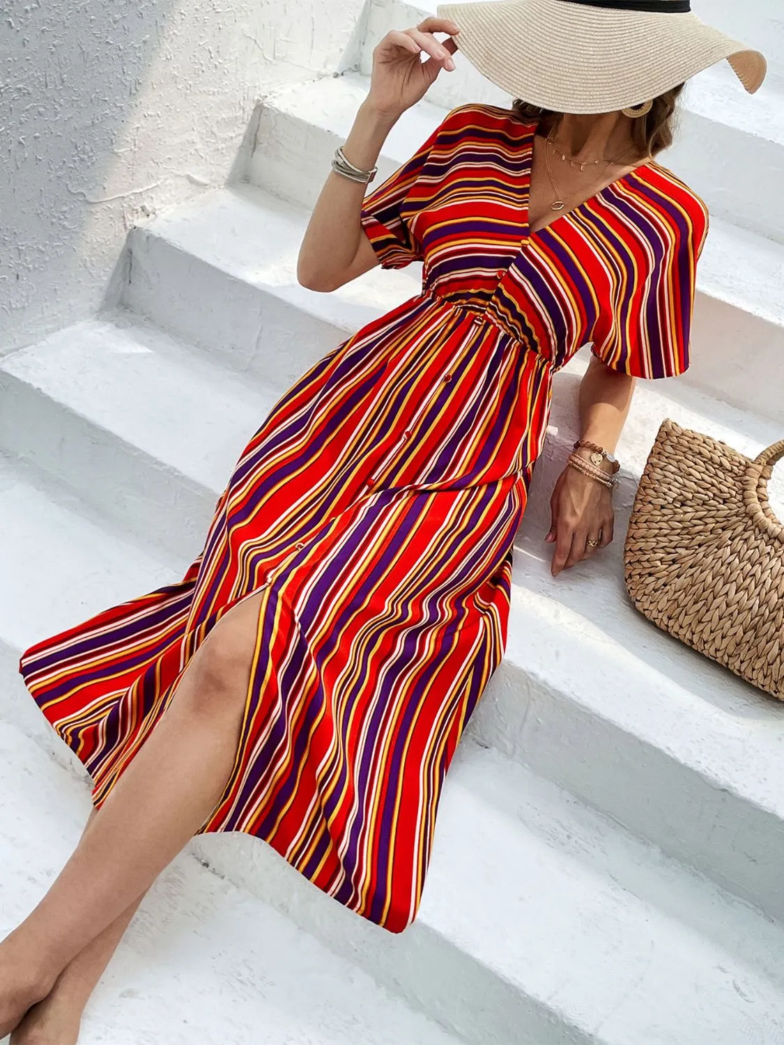 Slit Striped V-Neck Short Sleeve Midi Dress sold by Charming Charlie product image thumbnail 3