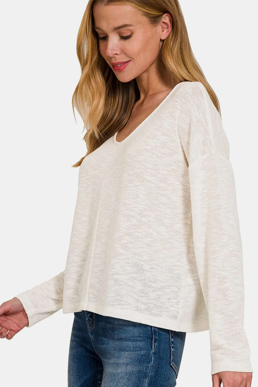 Zenana V-Neck Dropped Shoulder Long Sleeve T-Shirt sold by Charming Charlie product image thumbnail 3