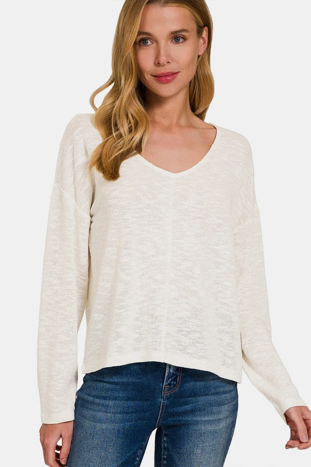 Zenana V-Neck Dropped Shoulder Long Sleeve T-Shirt sold by Charming Charlie