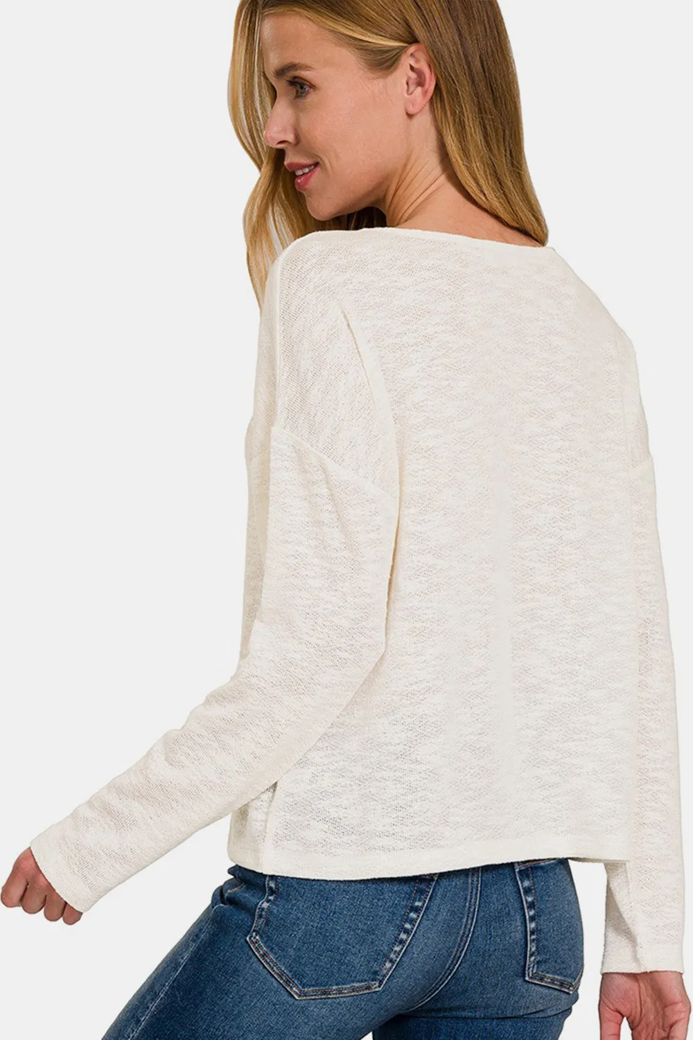 Zenana V-Neck Dropped Shoulder Long Sleeve T-Shirt sold by Charming Charlie product image thumbnail 2