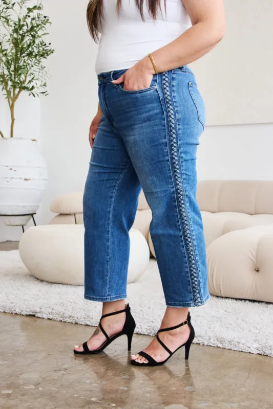 Judy Blue Full Size Braid Side Detail Wide Leg Jeans sold by Charming Charlie
