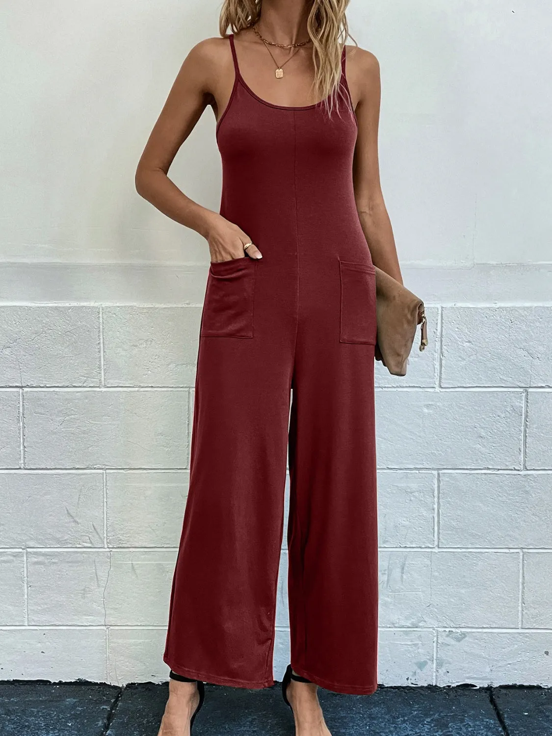 Pocketed Spaghetti Strap Wide Leg Jumpsuit sold by Charming Charlie