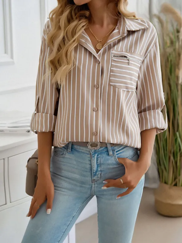 Devine Striped Collared Neck Long Sleeve Shirt sold by Charming Charlie