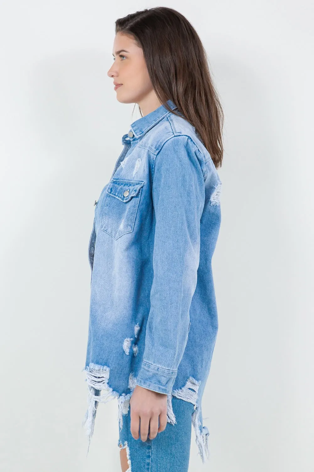 American Bazi Raw Hem Distressed Long Sleeve Denim Jacket sold by Charming Charlie product image thumbnail 3
