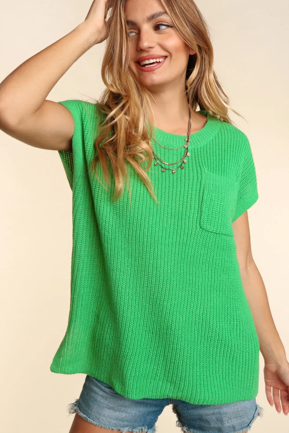 Haptics Pocketed Round Neck Cap Sleeve Knit Top sold by Charming Charlie