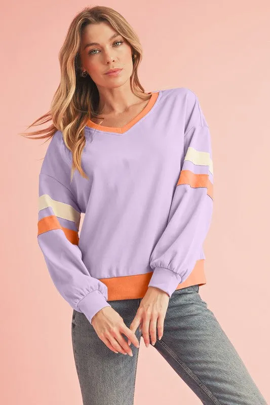 Rib Patchwork Drop Shoulder V Neck Sweatshirt sold by Charming Charlie