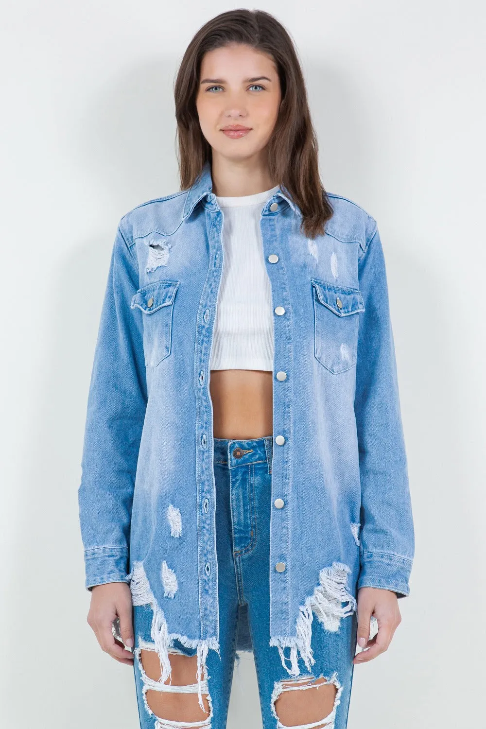 American Bazi Raw Hem Distressed Long Sleeve Denim Jacket sold by Charming Charlie