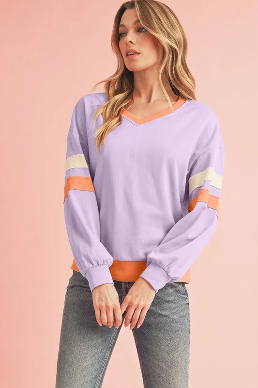 Rib Patchwork Drop Shoulder V Neck Sweatshirt sold by Charming Charlie product image thumbnail 3
