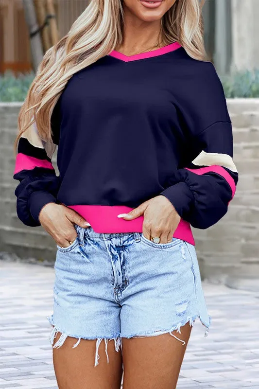 Rib Patchwork Drop Shoulder V Neck Sweatshirt sold by Charming Charlie product image thumbnail 2