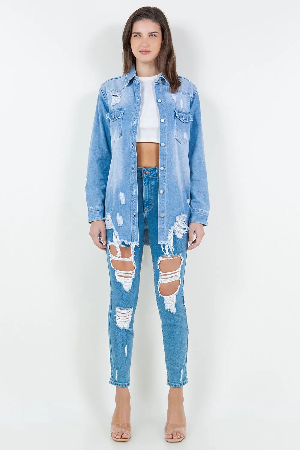 American Bazi Raw Hem Distressed Long Sleeve Denim Jacket sold by Charming Charlie product image thumbnail 5