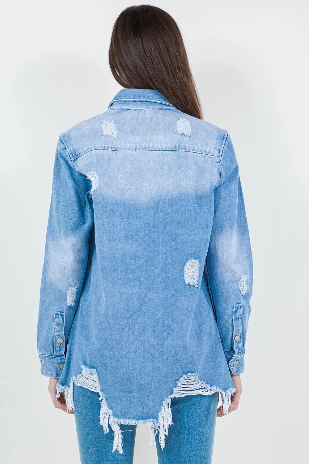 American Bazi Raw Hem Distressed Long Sleeve Denim Jacket sold by Charming Charlie product image thumbnail 2