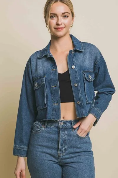 LOVE TREE Raw Hem Button Up Cropped Denim Jacket sold by Charming Charlie product image thumbnail 2