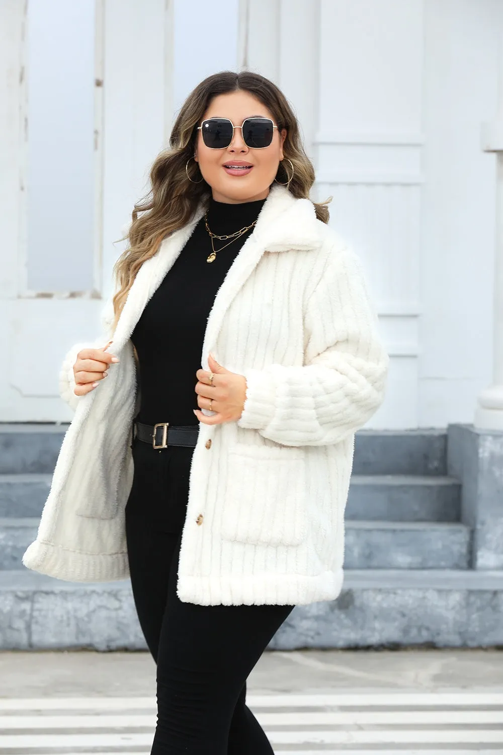 Plus Size Fuzzy Collared Neck Long Sleeve Jacket sold by Charming Charlie product image thumbnail 5