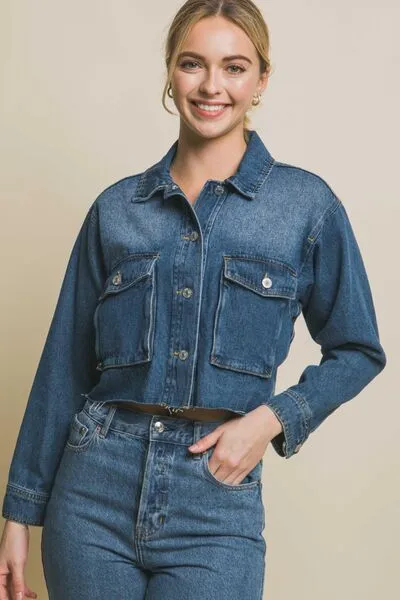 LOVE TREE Raw Hem Button Up Cropped Denim Jacket sold by Charming Charlie product image thumbnail 5