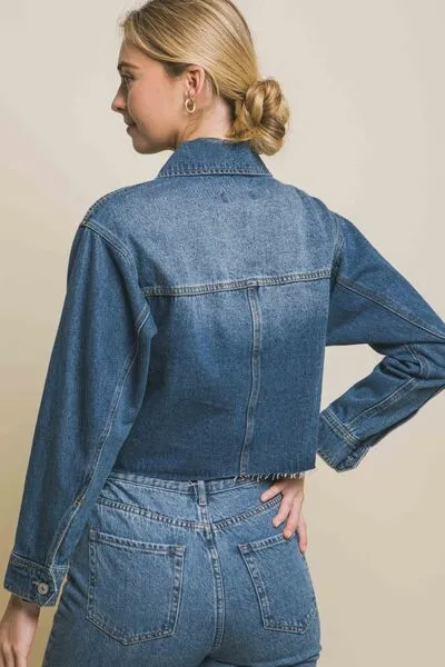 LOVE TREE Raw Hem Button Up Cropped Denim Jacket sold by Charming Charlie product image thumbnail 3