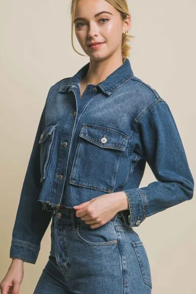 LOVE TREE Raw Hem Button Up Cropped Denim Jacket sold by Charming Charlie product image thumbnail 4