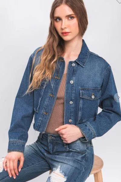 LOVE TREE Raw Hem Button Up Cropped Denim Jacket sold by Charming Charlie