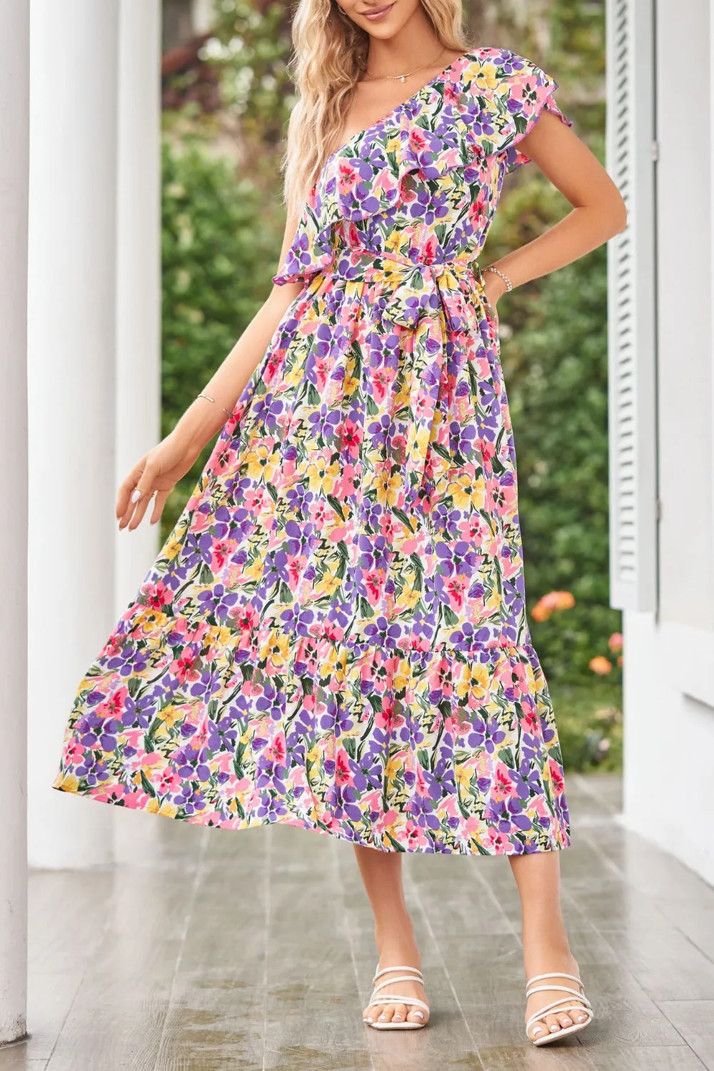 Ruffled Floral One Shoulder Dress sold by Charming Charlie product image thumbnail 3