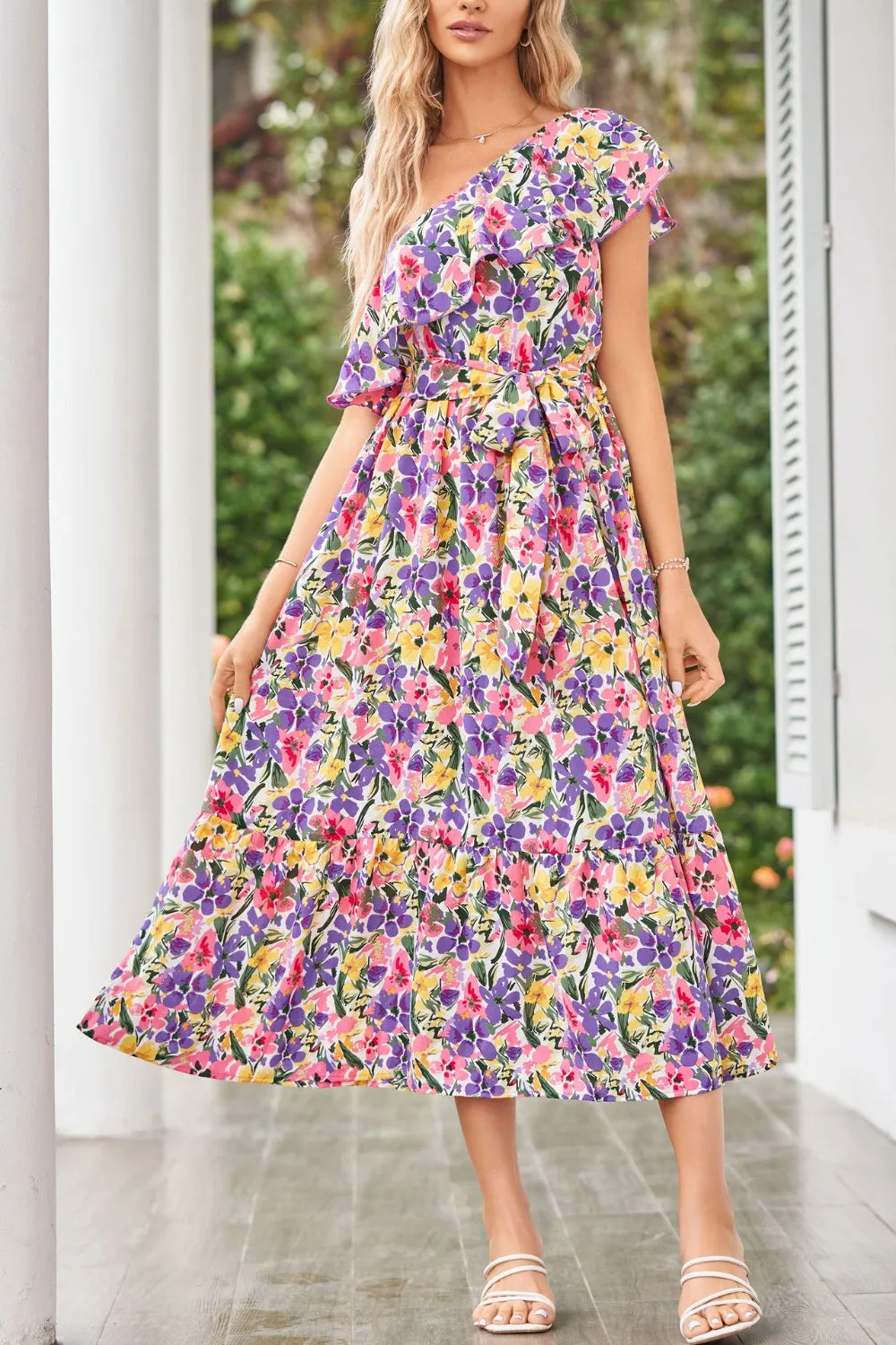 Ruffled Floral One Shoulder Dress sold by Charming Charlie