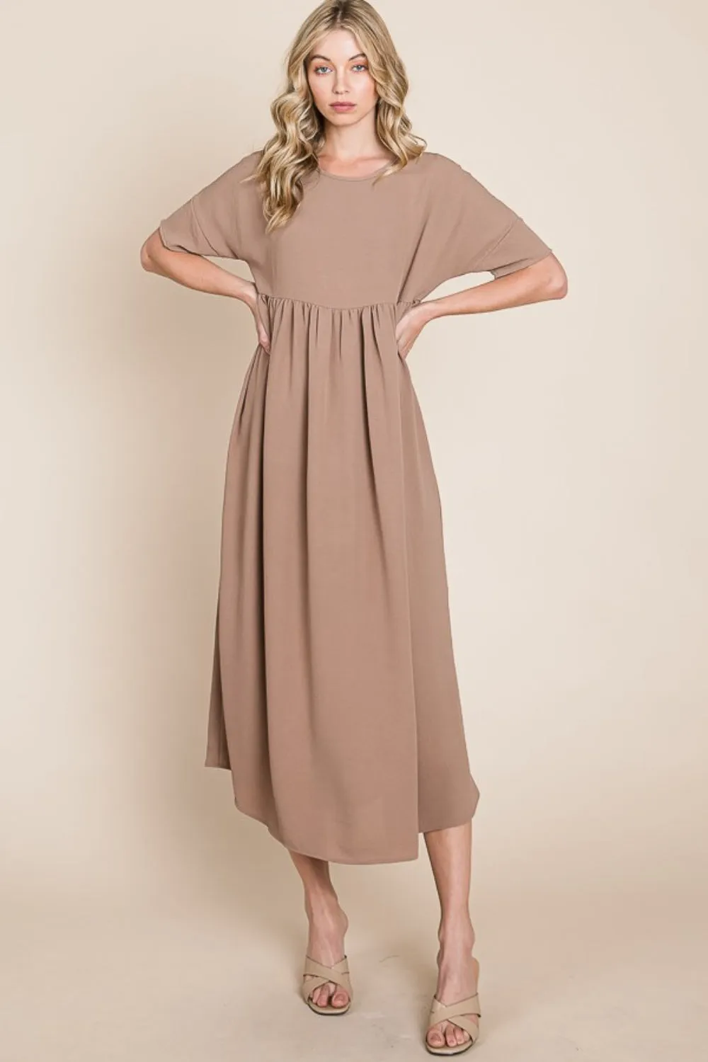 BOMBOM Round Neck Ruched Midi Dress sold by Charming Charlie