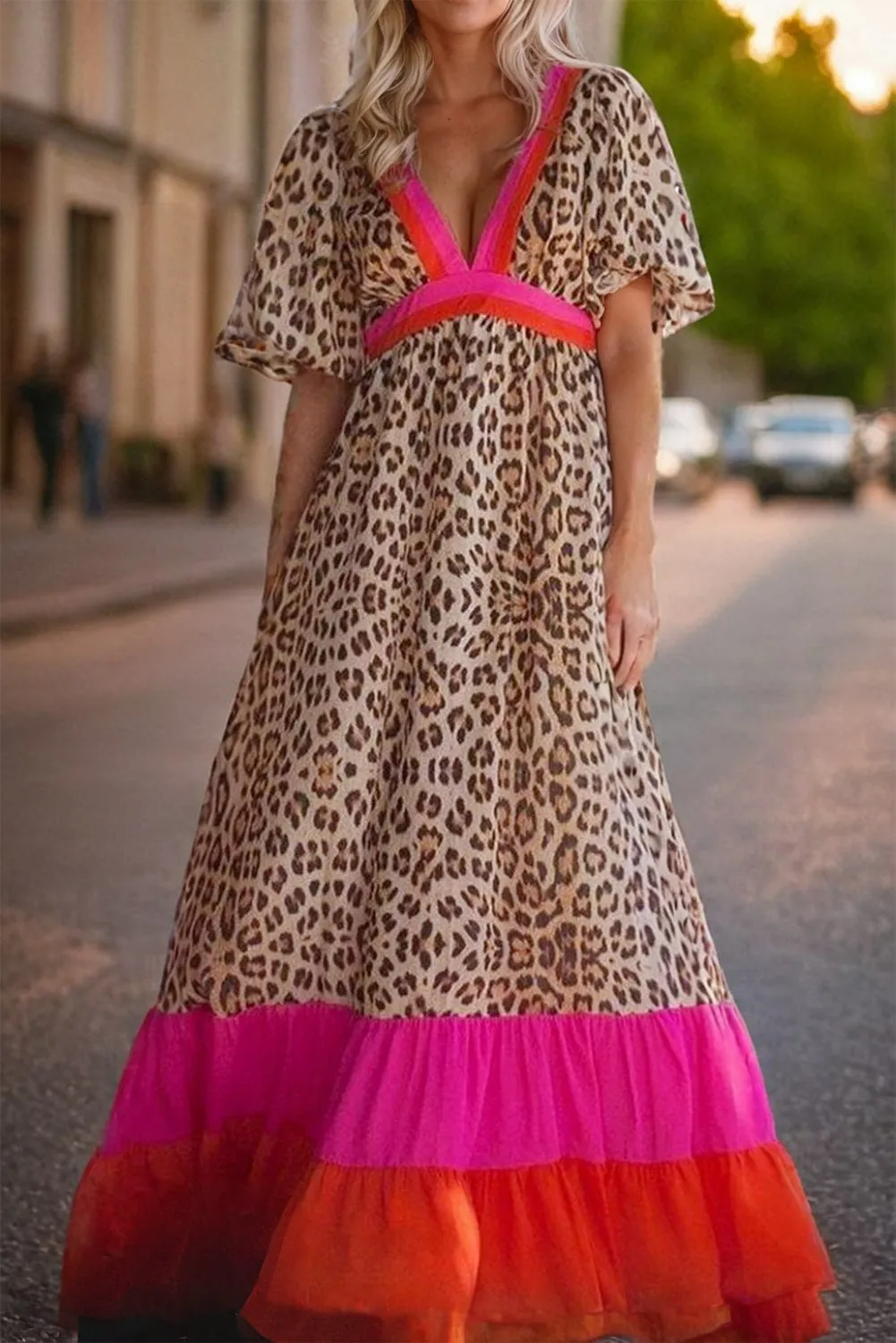 Full Size Leopard V-Neck Half Sleeve Maxi Dress sold by Charming Charlie