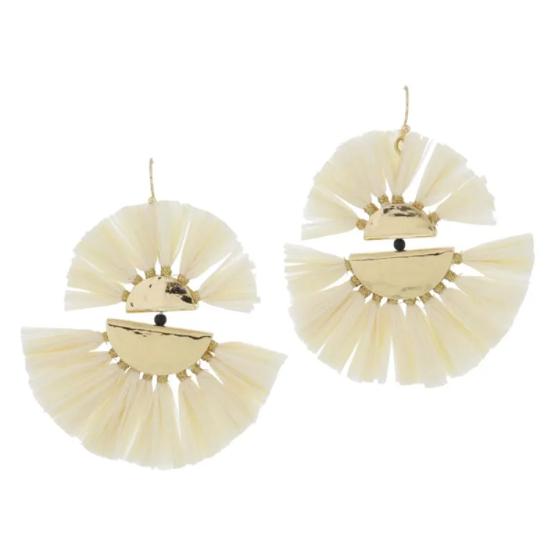 Tierred Gold Hammered Half Circles with Fanned Out Ivory Raffia Earrings, 2.5" Top to Bottom sold by Charming Charlie