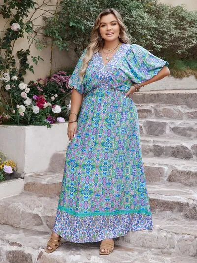 Plus Size Printed V-Neck Balloon Sleeve Dress sold by Charming Charlie