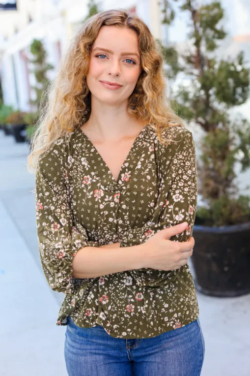 You Got This Olive Floral V Neck Bubble Sleeve Top sold by Charming Charlie product image thumbnail 4
