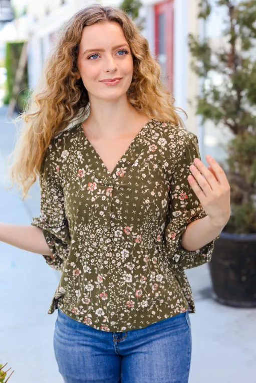 You Got This Olive Floral V Neck Bubble Sleeve Top sold by Charming Charlie product image thumbnail 5
