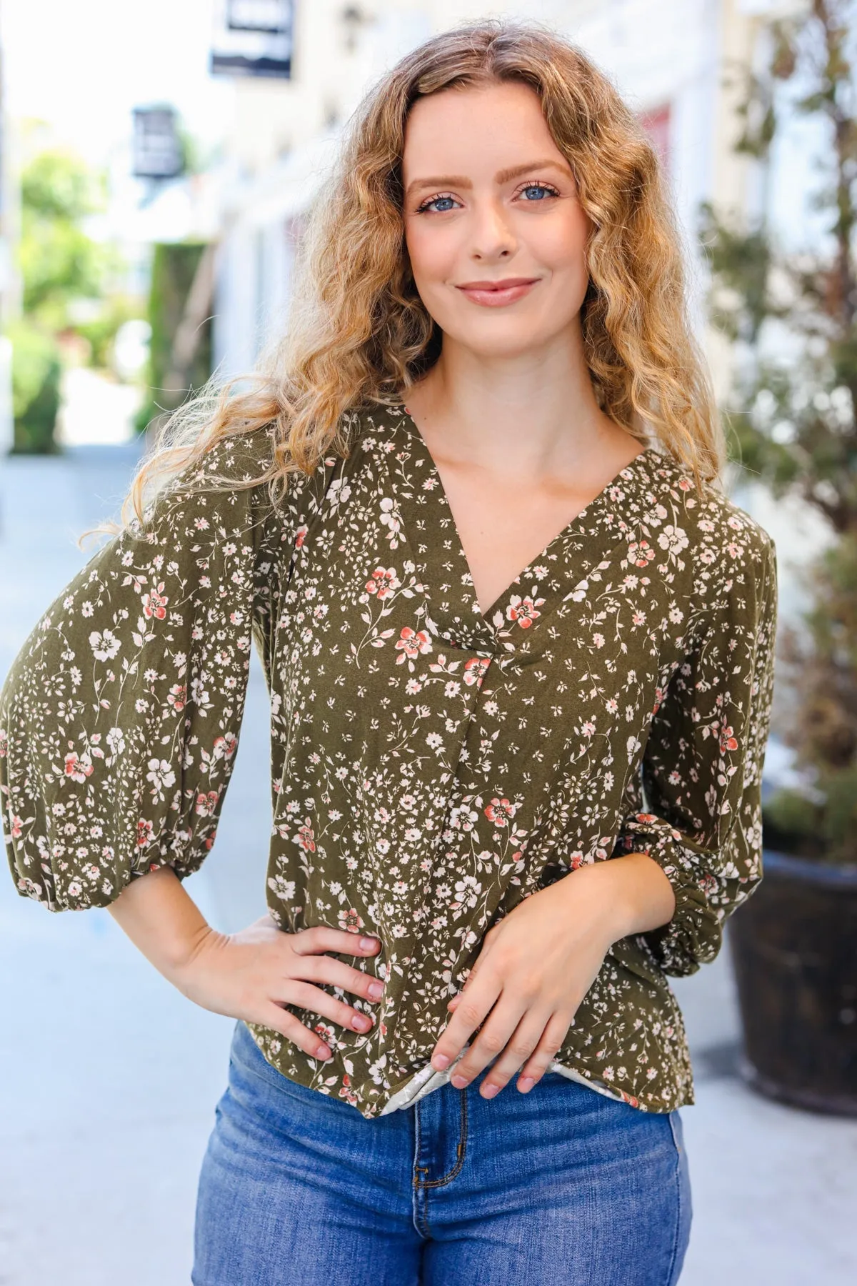 You Got This Olive Floral V Neck Bubble Sleeve Top sold by Charming Charlie