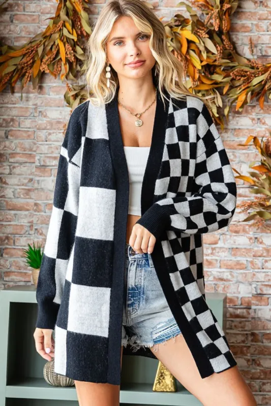 First Love Checkered Open Front Long Sleeve Cardigan sold by Charming Charlie