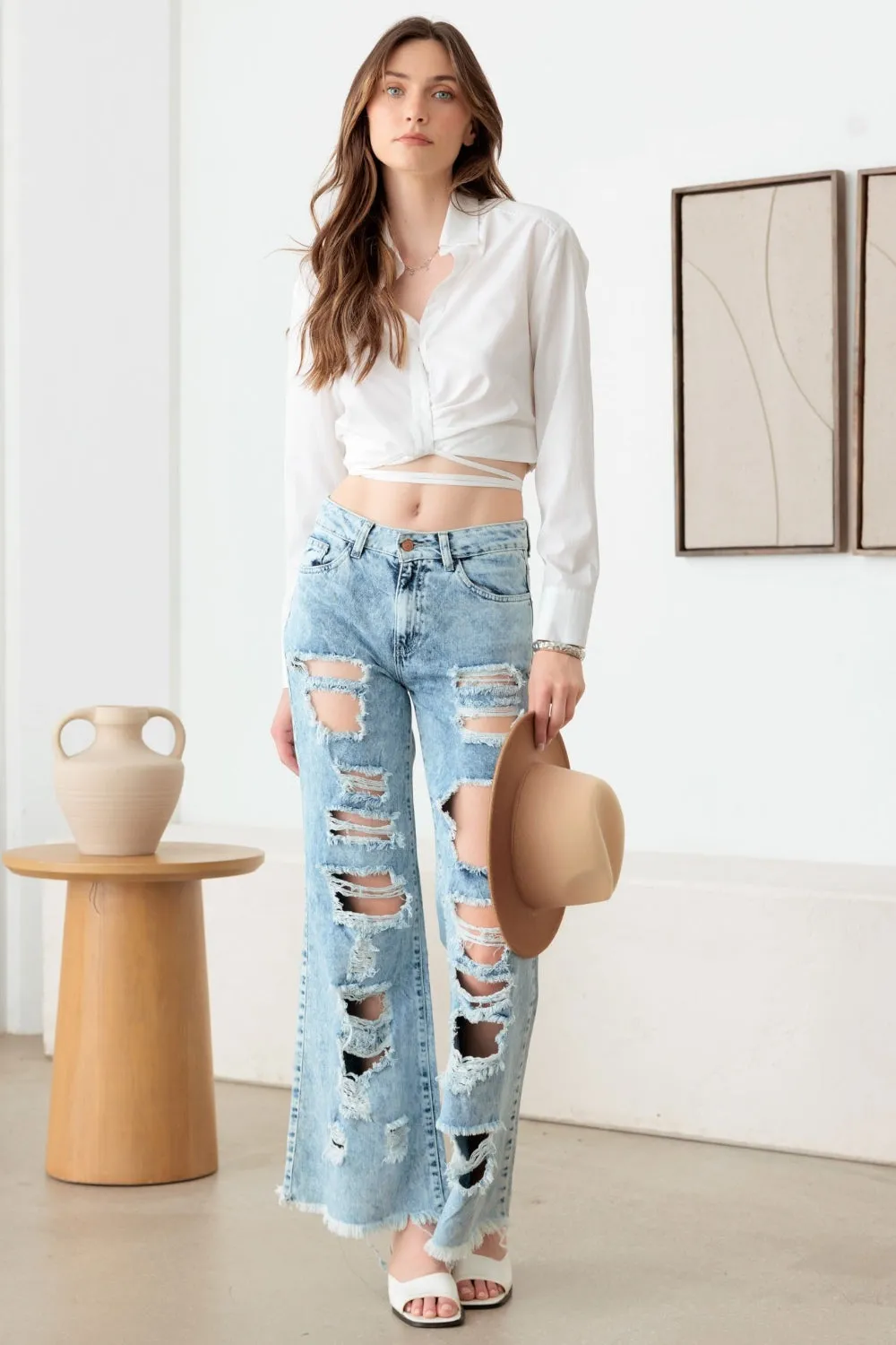 Litz La Distressed Frayed Hem Flare Jeans sold by Charming Charlie