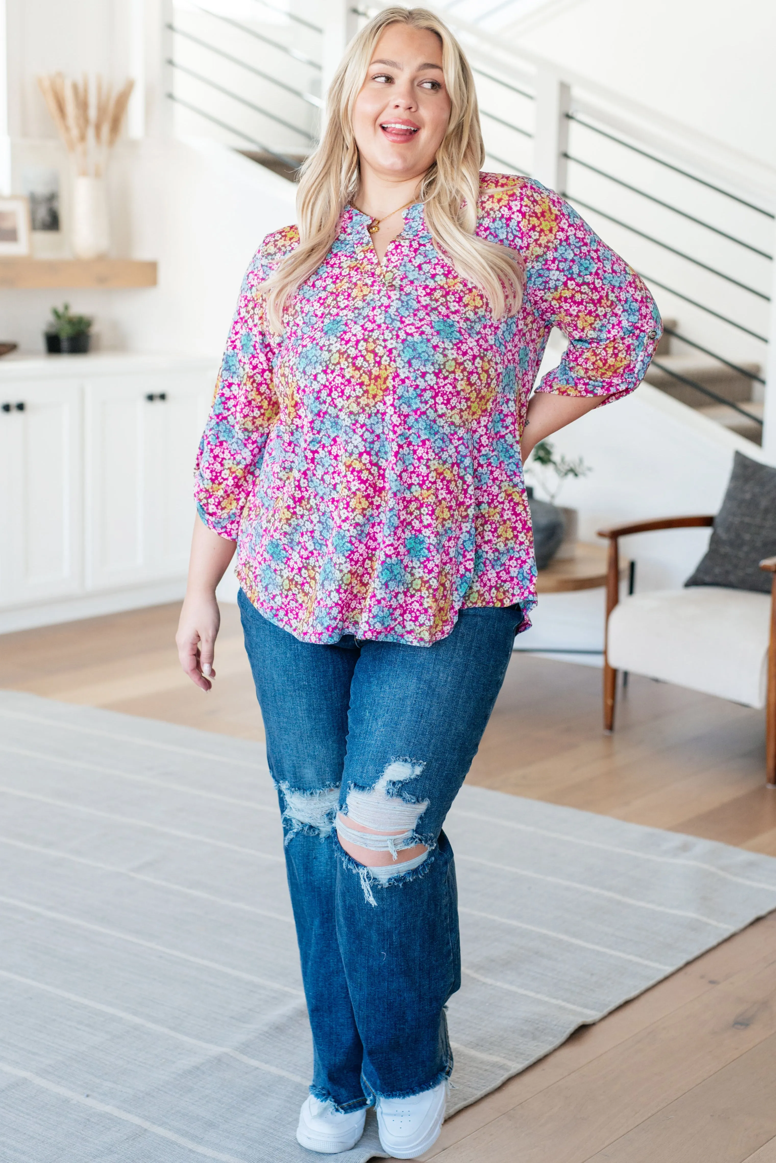 Lizzy Top in Pink and Aqua Ditsy Floral sold by Charming Charlie product image thumbnail 4