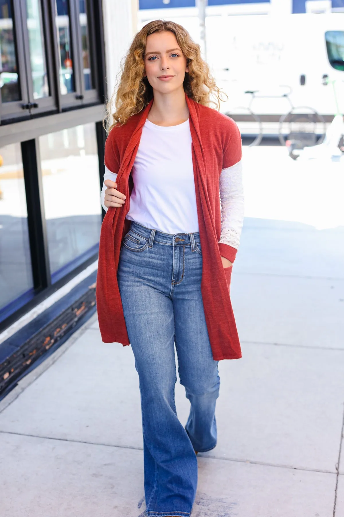 Casual Days Rust Lace Sleeve Front Pocket Hacci Cardigan sold by Charming Charlie product image thumbnail 5