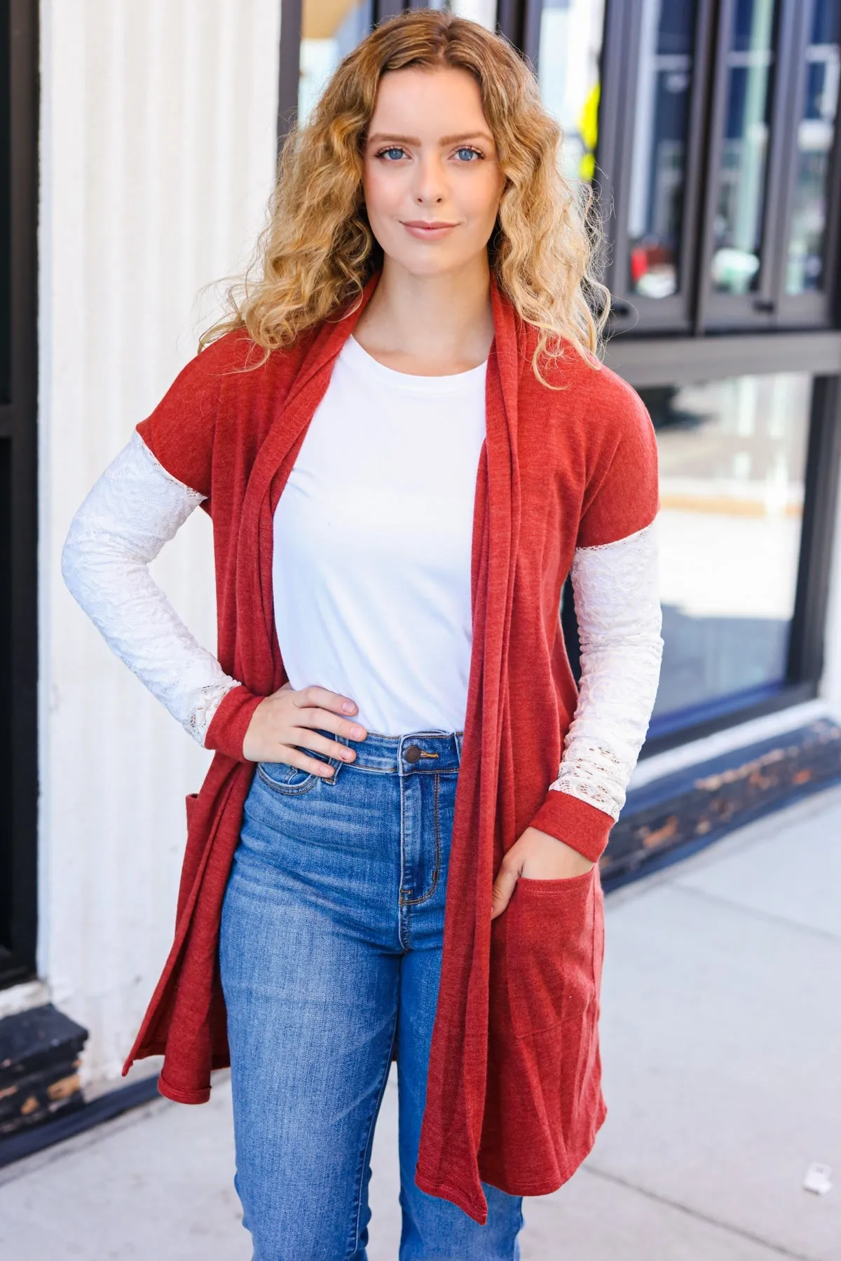 Casual Days Rust Lace Sleeve Front Pocket Hacci Cardigan sold by Charming Charlie product image thumbnail 4
