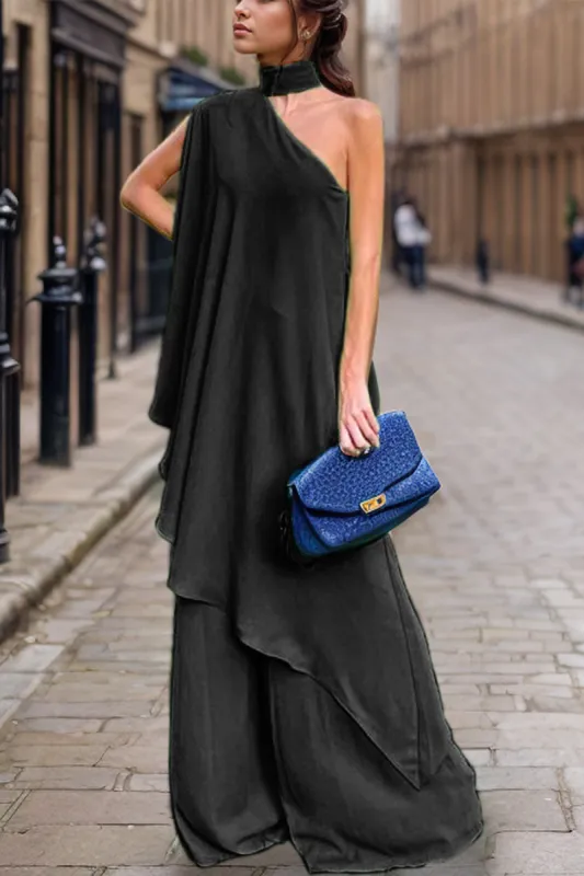 Mock Neck Single Shoulder Top and Pants Set sold by Charming Charlie