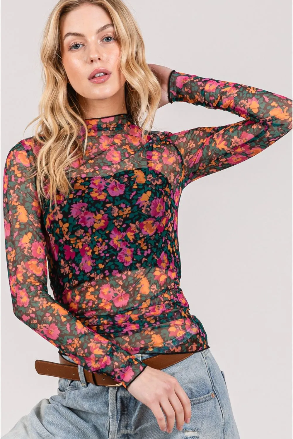 SAGE + FIG Floral Mesh Long Sleeve Top sold by Charming Charlie