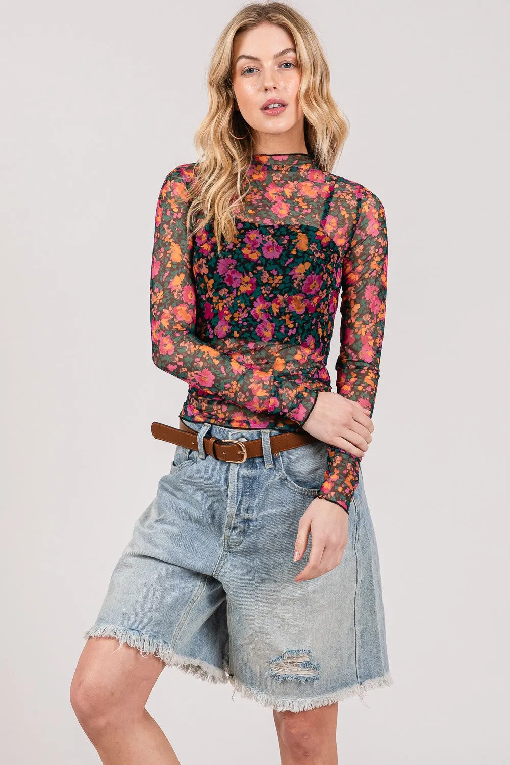 SAGE + FIG Floral Mesh Long Sleeve Top sold by Charming Charlie product image thumbnail 4