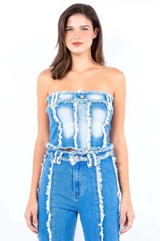 American Bazi Frayed Edge Denim Corset Top sold by Charming Charlie