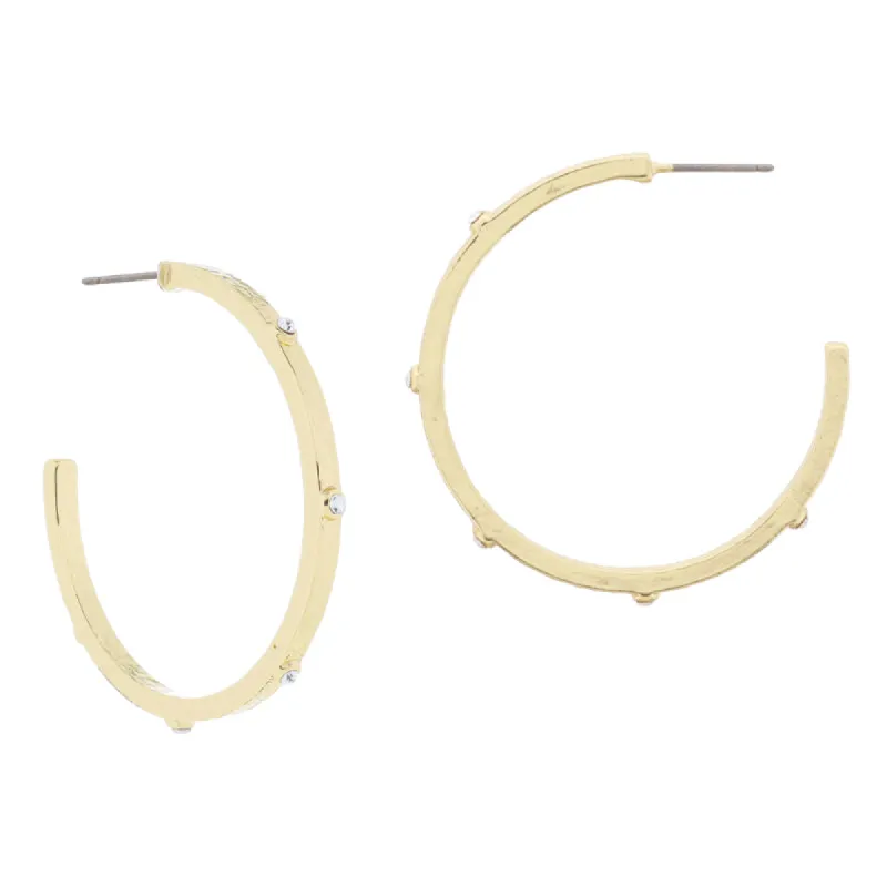 18K Gold Plated Thin Hammered Bar Hoop with Mini Crystal Accents Earrings, 1.5" Top to Bottom sold by Charming Charlie
