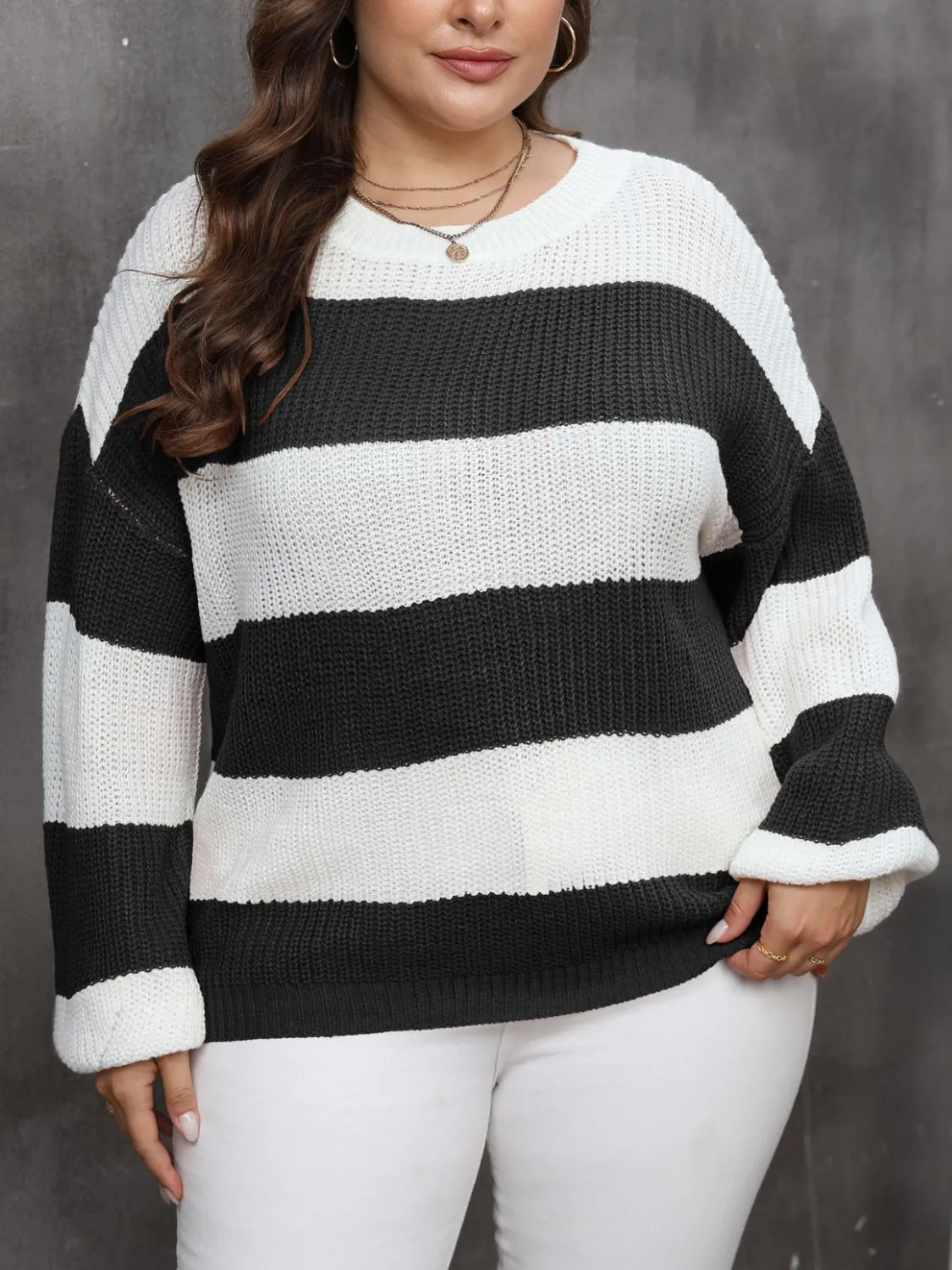 Plus Size Striped Round Neck Long Sleeve Sweater sold by Charming Charlie
