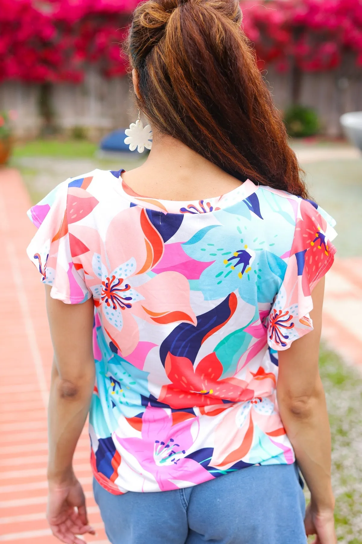 Summer Vibes Coral Tropical Print Flutter Sleeve Top sold by Charming Charlie product image thumbnail 3