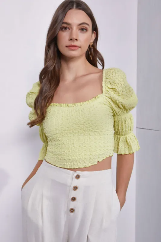 MUSTARD SEED Crinkle Texture Puff Sleeve Crop Top sold by Charming Charlie